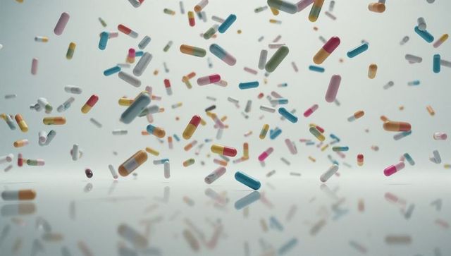 Floating multi-colored capsules in modern studio