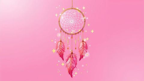 Dreamcatcher with pink feathers on pink gradient background