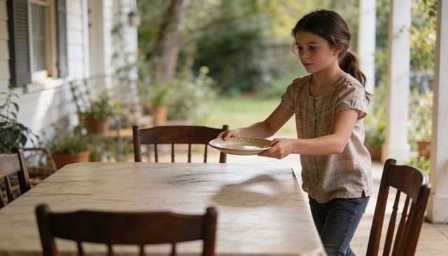 Young girl placing ceramic plate on rustic porch table preparing outdoor family meal