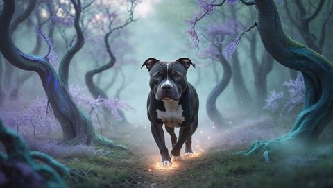 Mystical pitbull striding through enchanted misty forest