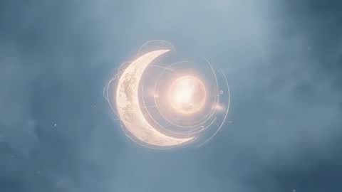 Pulsing Crescent Moon and Glowing Orb Tracing Orbital Rings in Misty Blue-Gray Sky