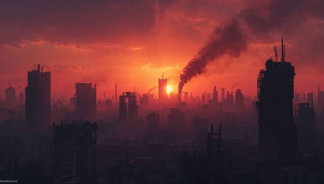 Dystopian Urban Skyline at Sunset with Smokestack
