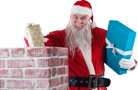 Santa Claus Placing Holiday Gifts into Chimney Transparent Background