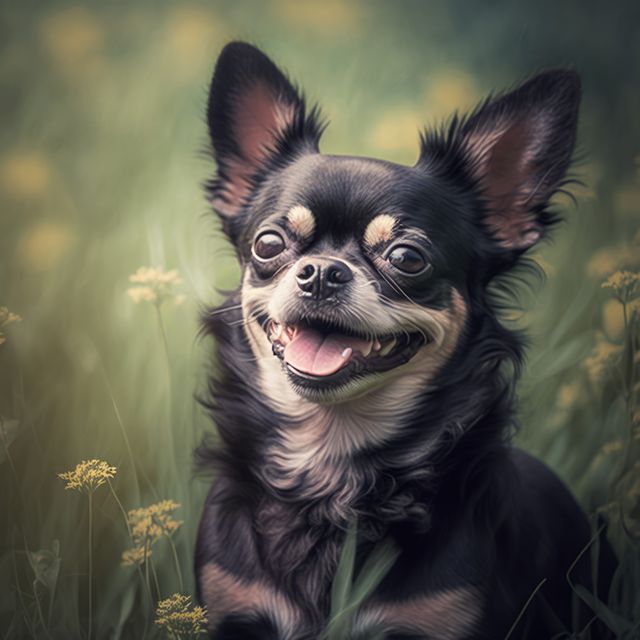 Close up of cute black chihuahua dog in field, created using generative ai technology. Dog and pet animal concept digitally generated image.