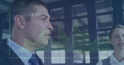 Executive presenting transparent financial line chart overlay for data-driven strategy