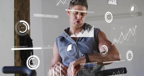 Checking Smartwatch During Home Workout with AR Fitness Metrics and Progress Charts