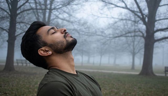 Young man in misty park tilting head back with closed eyes for quiet mindful reflection