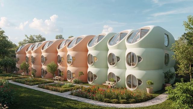 Modular pastel pod housing lining courtyard with porthole windows and oval skylights