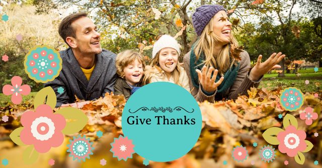 Family enjoying playful moments in autumn foliage, highlighting the spirit of Thanksgiving. Floral decorations add warmth, ideal for Thanksgiving cards. Can adapt for family reunion invitations or promotional material for autumn festivals.