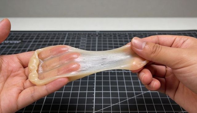 Stretching translucent beige slime between hands on black grid cutting mat