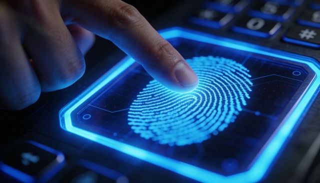 Biometric Fingerprint Login on Laptop Sensor with Blue Neon Glow Macro Closeup Technology
