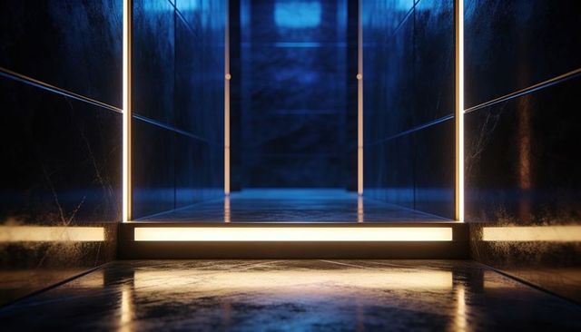 Glowing minimalist marble threshold with recessed led step and blue lit passageway