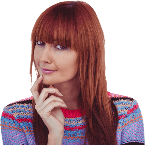 Transparent image of smiling redhead hippie woman in striped sweater