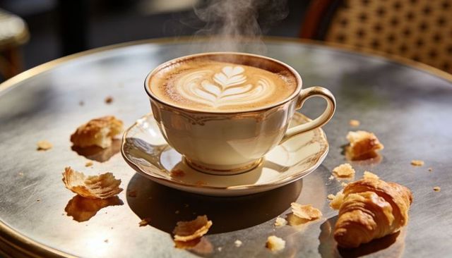 Steaming latte with leaf latte-art in porcelain cup on bistro table with croissant crumbs