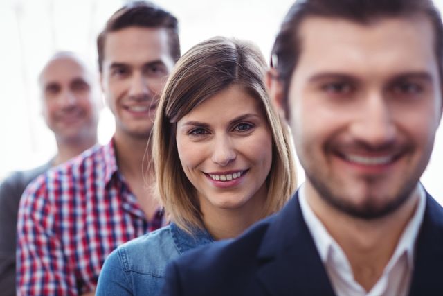 Group of professionals standing in a row, smiling and looking at the camera. Ideal for use in business-related content, team-building promotions, corporate websites, and articles about workplace culture and collaboration.
