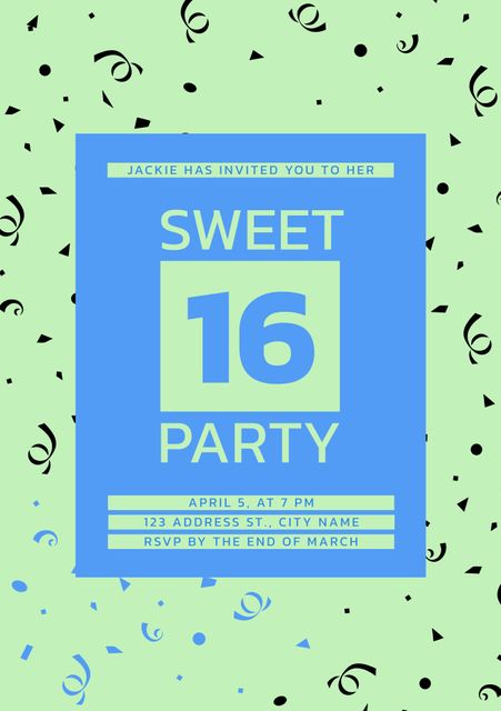 Perfect for sending invitations to a Sweet 16 party. Bright blue and green colors make it eye-catching, and it includes party details such as date, time, location, and RSVP instructions. Ideal for printing or digital distribution.