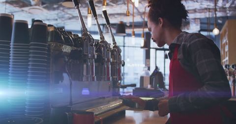 Barista Making Espresso with Professional Coffee Machine