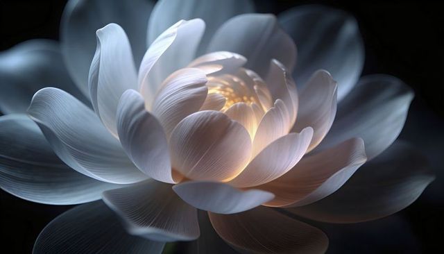 Pale lotus bloom revealing glowing core with translucent veined petals, studio macro