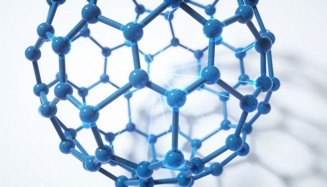 Glossy blue fullerene lattice model illustrating nanotechnology carbon buckyball structure