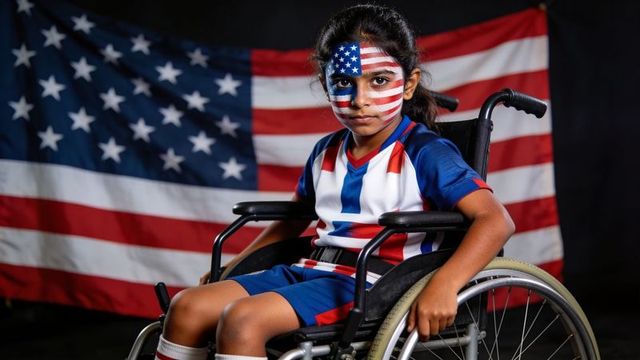 Young athlete in wheelchair wearing usa jersey with flag face paint showing resilience