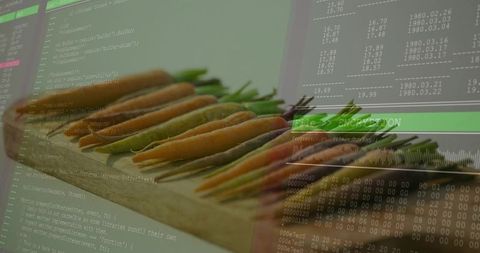 Colorful carrots lining wooden board merging with code overlay for food tech concept
