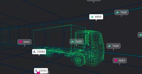 Displaying Neon Wireframe Truck in 3D Grid Tunnel with Social Metrics HUD