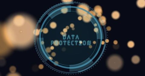 Futuristic data protection hud interface with neon concentric rings and amber bokeh