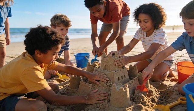 Kids building giant sandcastle on sunny beach together, summer play friendship teamwork