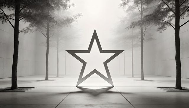 Minimalist star sculpture standing in misty courtyard casting sharp geometric shadow