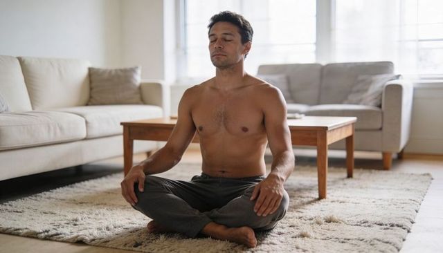 Shirtless man meditating cross-legged on shag rug in sunlit minimalist living room