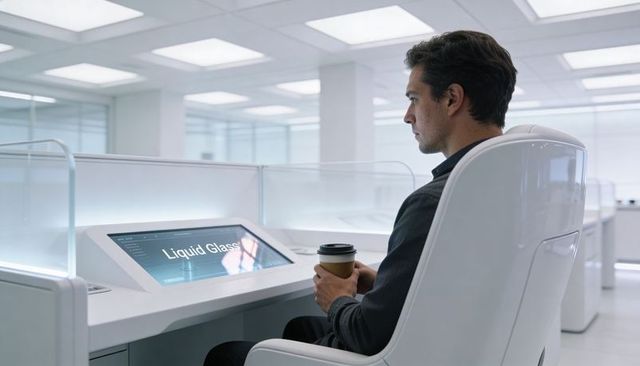 Man holding coffee observing liquid glass touchscreen in futuristic minimalist workspace
