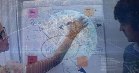 Innovative Team Discussing Digital Strategy with Futuristic Overlay