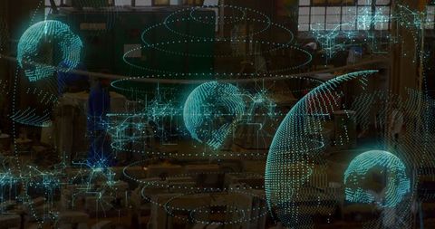 Technicians Inspecting Industrial Machines with Holographic Network Overlay