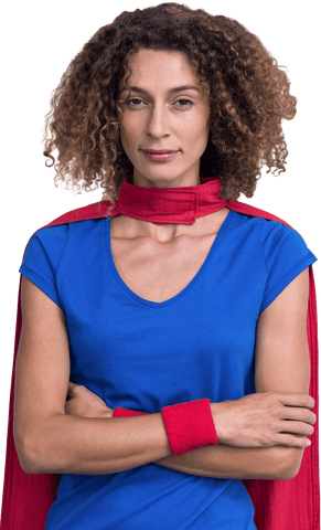 Confident woman embracing superhero persona transparent background
