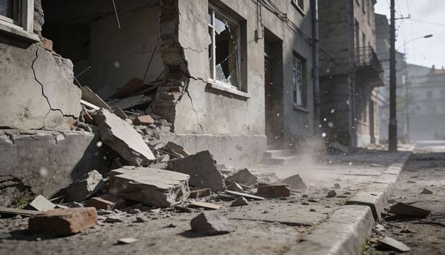 Crumbling urban facade with rubble and broken glass on city pavement