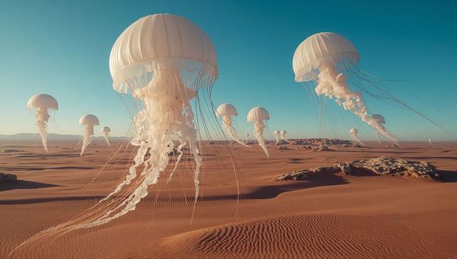 Surreal Float of Jellyfish-Like Structures over Desert Dunes