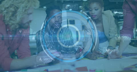 Diverse Team Analyzing Data with Futuristic Interface Overlay