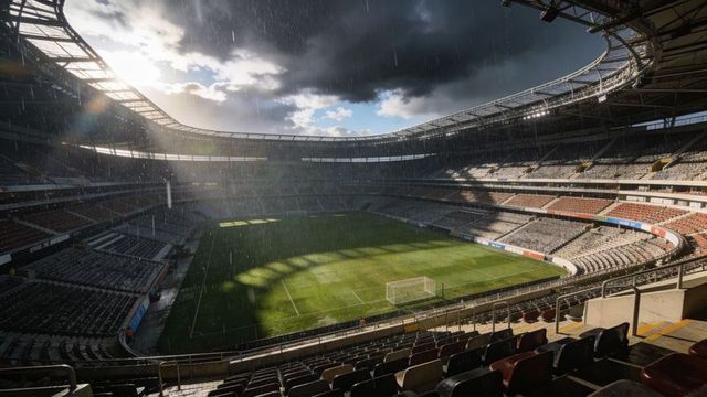 Empty football stadium during rain shower and sunbreak dramatic lighting over wet pitch