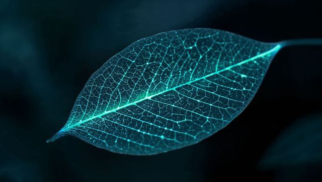 Glowing cyan leaf skeleton macro revealing intricate venation and translucent network