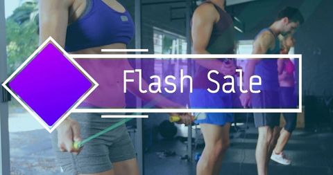 Flash sale fitness banner featuring woman leading jump rope cardio class, group training