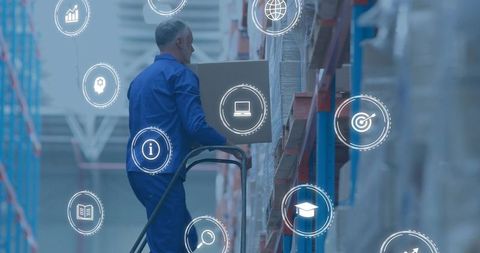 Warehouse worker stocking pallet rack with digital icons illustrating inventory management and fulfi