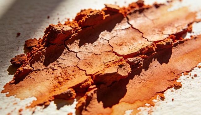Crushed orange-red pigment creating textured cracked streak on paper