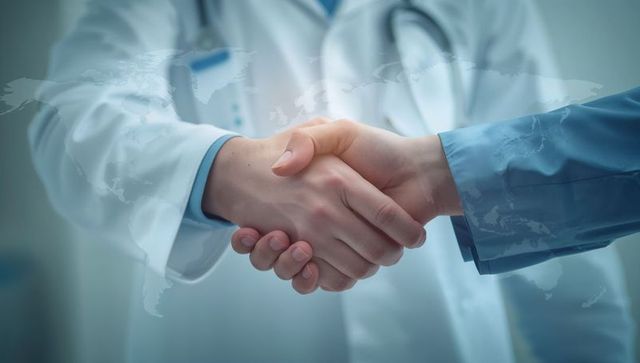 Medical handshake showing global healthcare partnership and professional trust