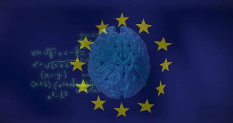 Brain model layered with eu flag and mathematical equations representing innovation