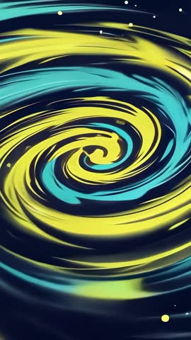 Rotating Neon Spiral Vortex Expanding Yellow-Blue Rings Vertical Looping Animation