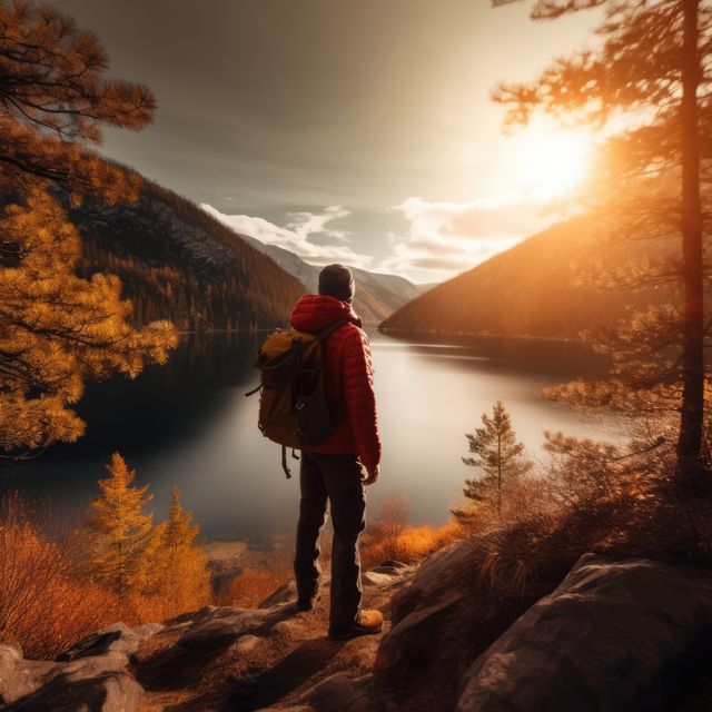 Hiker standing on rock overlooking mountain lake during sunset, surrounded by autumn colors. Suitable for conceptual themes on adventure, nature exploration, and solitude.