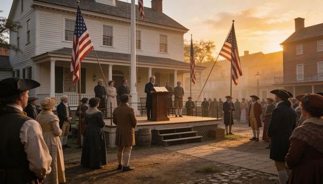 Colonial town meeting with orator speaking at podium under american flags at sunrise