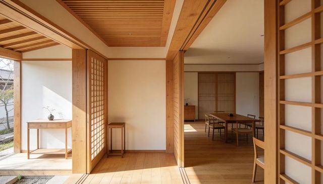 Minimalist japanese interior with sunlit corridor, timber lattice screens and dining area