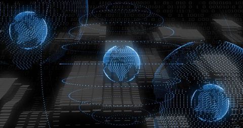 Holographic Network Globes Floating Over Neon Grid with Binary Streams and Data Rings