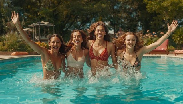 Joyful splashing in pool waters: friends embracing summer vibes